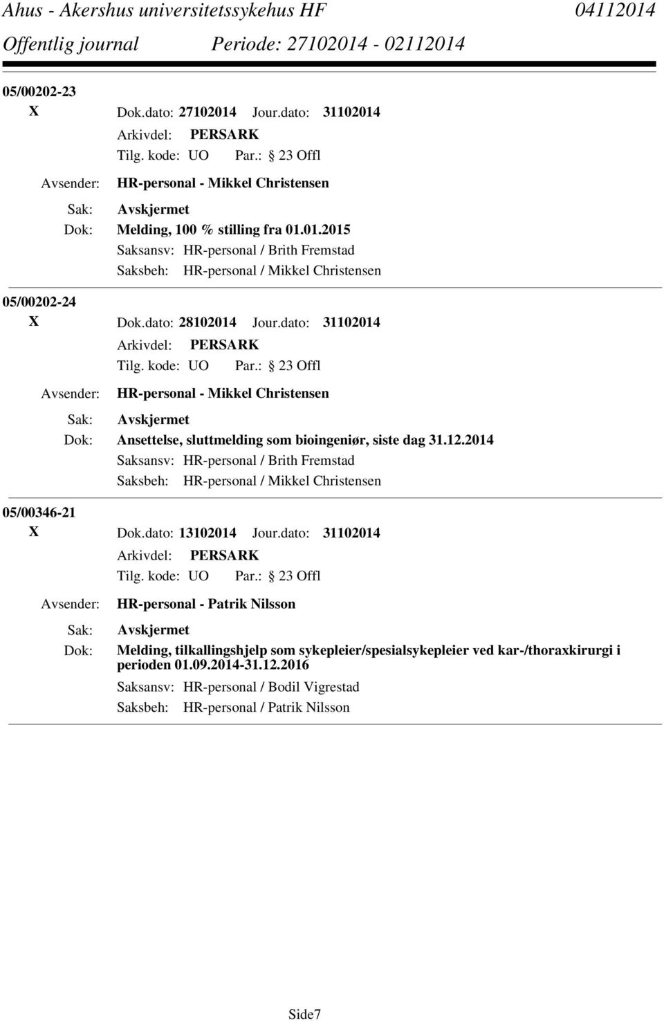 2014 Saksansv: HR-personal / Brith Fremstad Saksbeh: HR-personal / Mikkel Christensen 05/00346-21 X Dok.dato: 13102014 Jour.