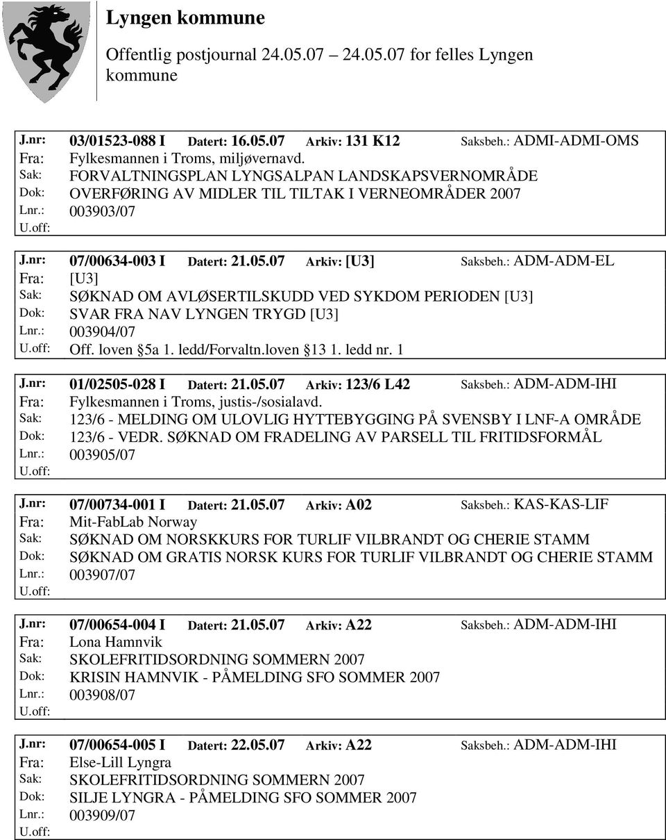 : ADM-ADM-EL Fra: [U3] Sak: SØKNAD OM AVLØSERTILSKUDD VED SYKDOM PERIODEN [U3] Dok: SVAR FRA NAV LYNGEN TRYGD [U3] Lnr.: 003904/07 Off. loven 5a 1. ledd/forvaltn.loven 13 1. ledd nr. 1 J.