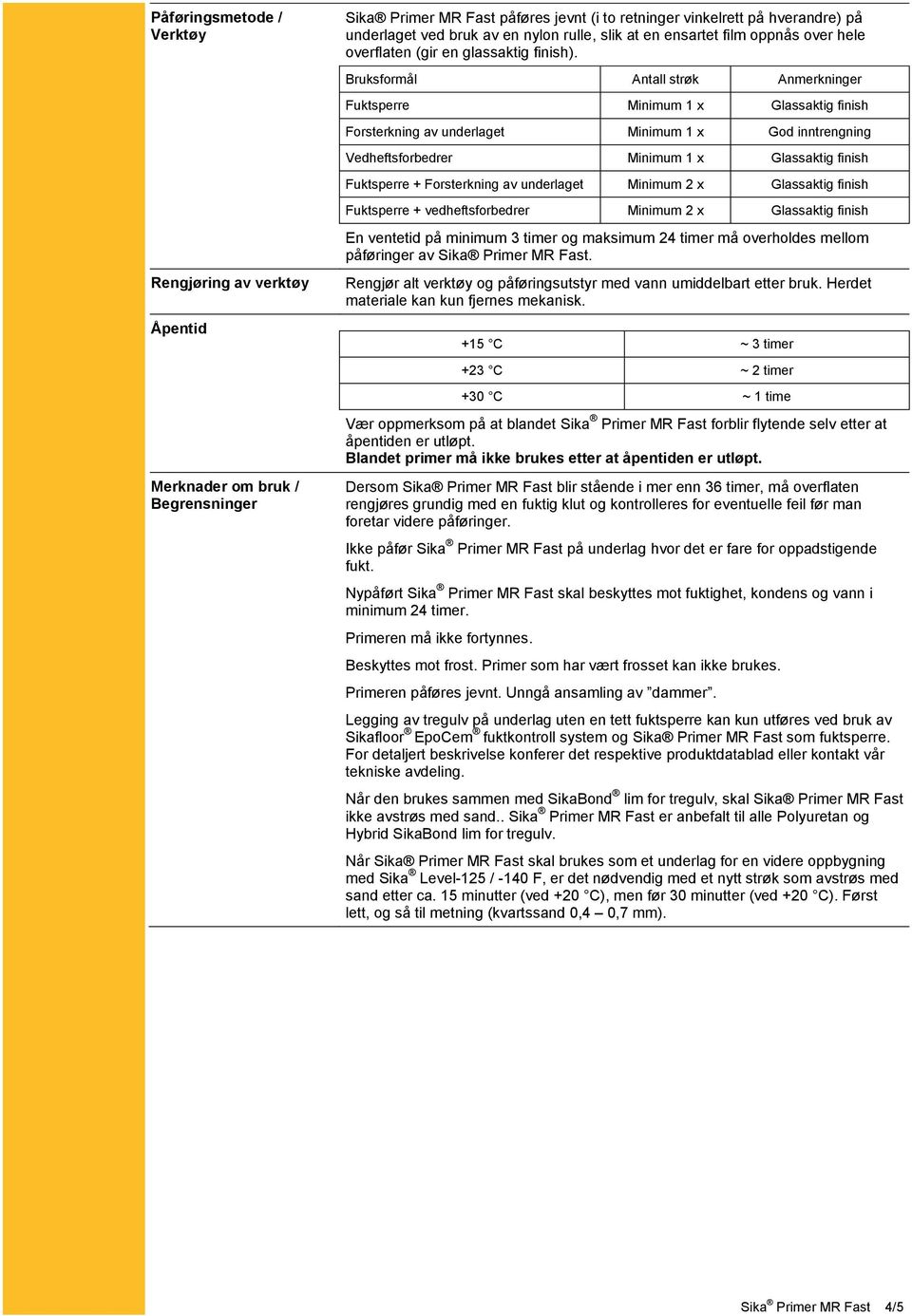 Bruksformål Antall strøk Anmerkninger Fuktsperre Minimum 1 x Glassaktig finish Forsterkning av underlaget Minimum 1 x God inntrengning Vedheftsforbedrer Minimum 1 x Glassaktig finish Fuktsperre +