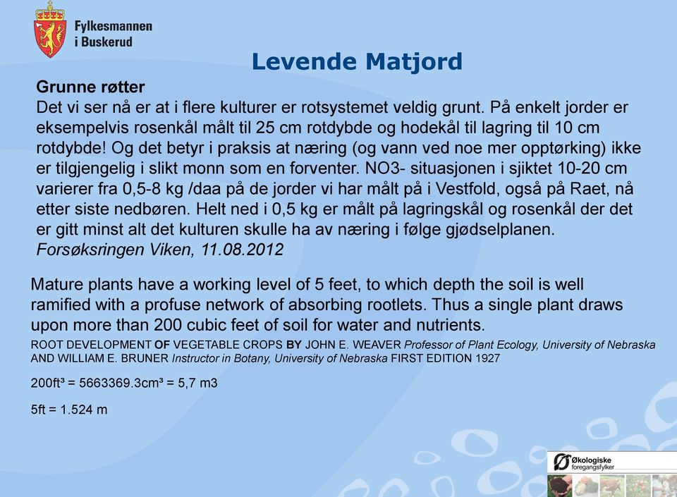 NO3- situasjonen i sjiktet 10-20 cm varierer fra 0,5-8 kg /daa på de jorder vi har målt på i Vestfold, også på Raet, nå etter siste nedbøren.