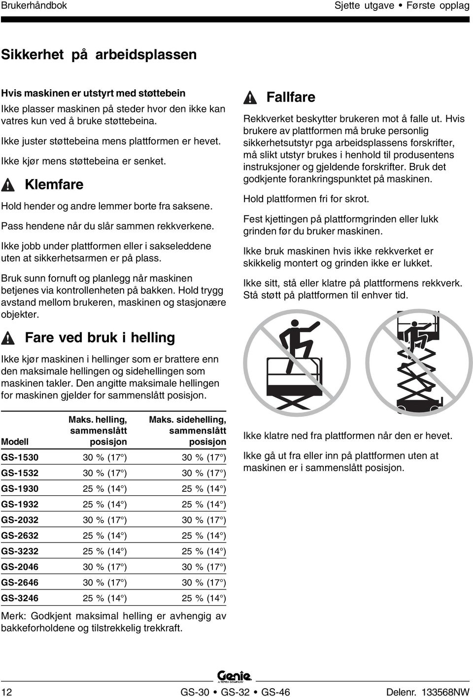 Ikke jobb under plattformen eller i sakseleddene uten at sikkerhetsarmen er på plass. Bruk sunn fornuft og planlegg når maskinen betjenes via kontrollenheten på bakken.