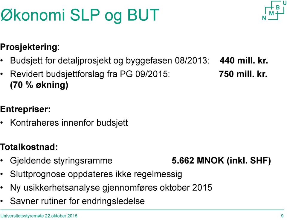 (70 % økning) Entrepriser: Kontraheres innenfor budsjett Totalkostnad: Gjeldende styringsramme 5.