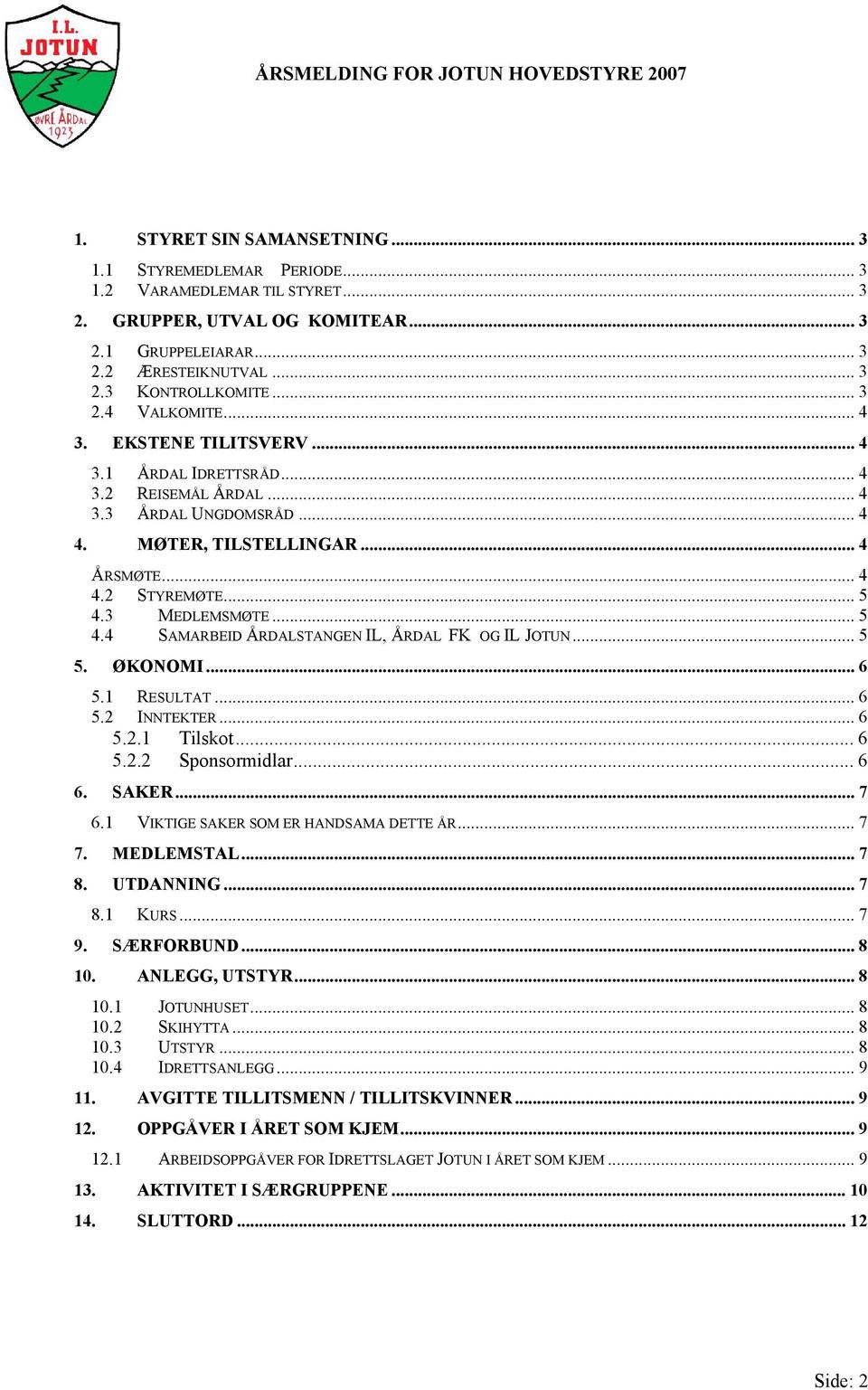 3 MEDLEMSMØTE... 5 4.4 SAMARBEID ÅRDALSTANGEN IL, ÅRDAL FK OG IL JOTUN... 5 5. ØKONOMI... 6 5.1 5.2 RESULTAT... 6 INNTEKTER... 6 5.2.1 Tilskot... 6 5.2.2 Sponsormidlar... 6 6. SAKER... 7 6.