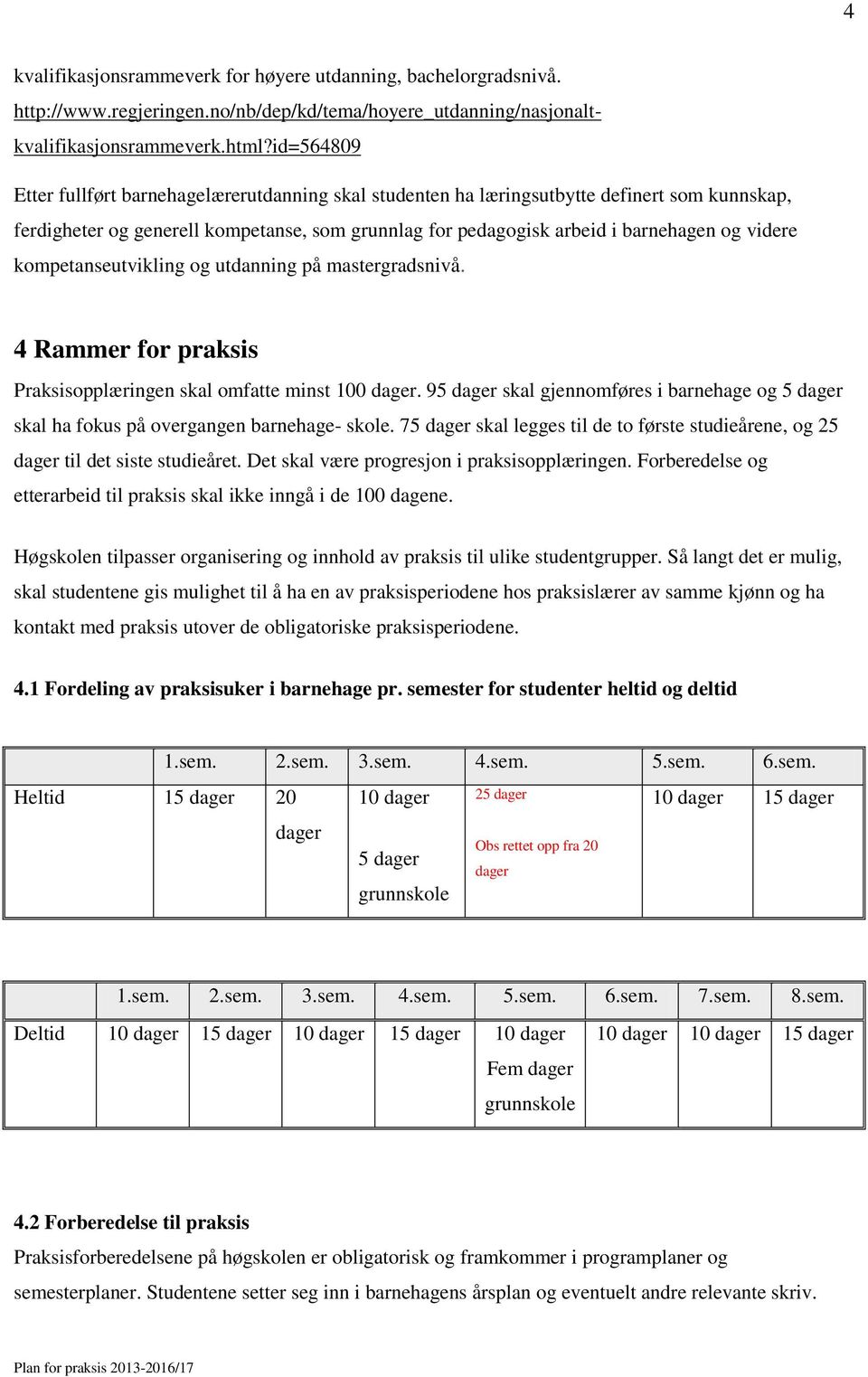 kompetanseutvikling og utdanning på mastergradsnivå. 4 Rammer for praksis Praksisopplæringen skal omfatte minst 100 dager.