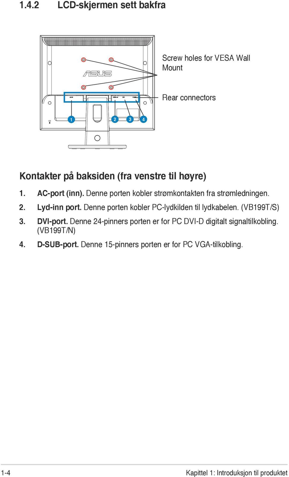 Denne porten kobler PC-lydkilden til lydkabelen. (VB199T/S) 3. DVI-port.