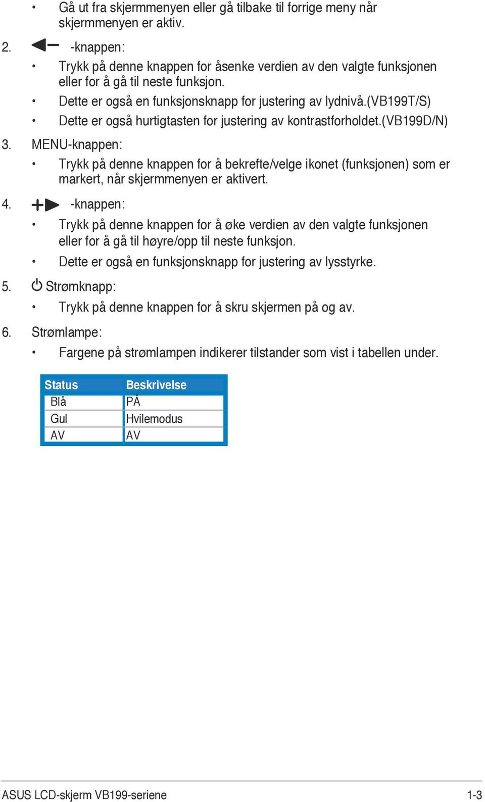 MENU-knappen: Trykk på denne knappen for å bekrefte/velge ikonet (funksjonen) som er markert, når skjermmenyen er aktivert. 4.