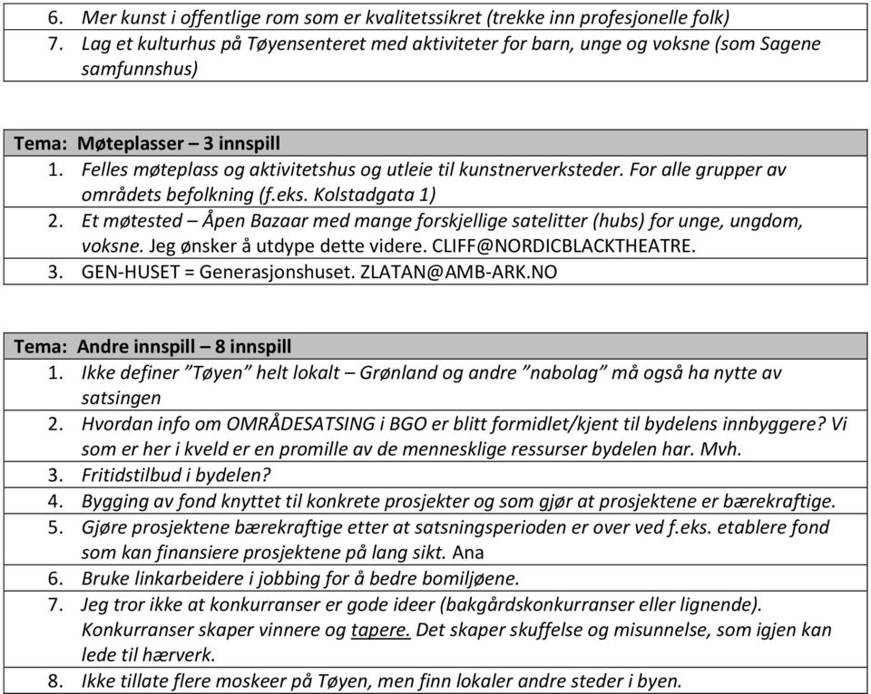 For alle grupper av områdets befolkning (f.eks. Kolstadgata 1) 2. Et møtested Åpen Bazaar med mange forskjellige satelitter (hubs) for unge, ungdom, voksne. Jeg ønsker å utdype dette videre.