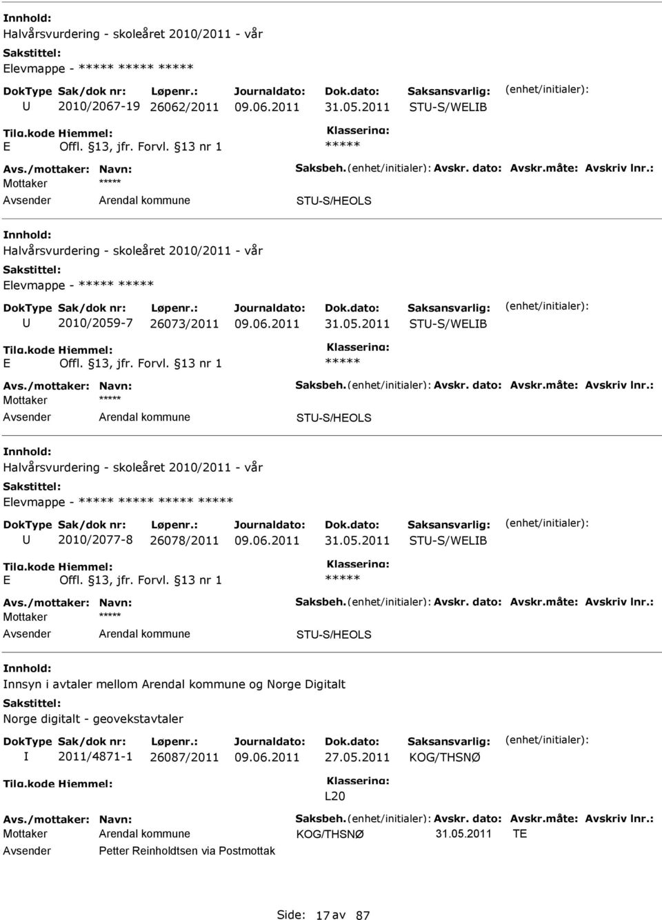 : Mottaker ST-S/HOLS Halvårsvurdering - skoleåret 2010/2011 - vår levmappe - 2010/2077-8 26078/2011 ST-S/WLB Avs./mottaker: Navn: Saksbeh. Avskr. dato: Avskr.måte: Avskriv lnr.