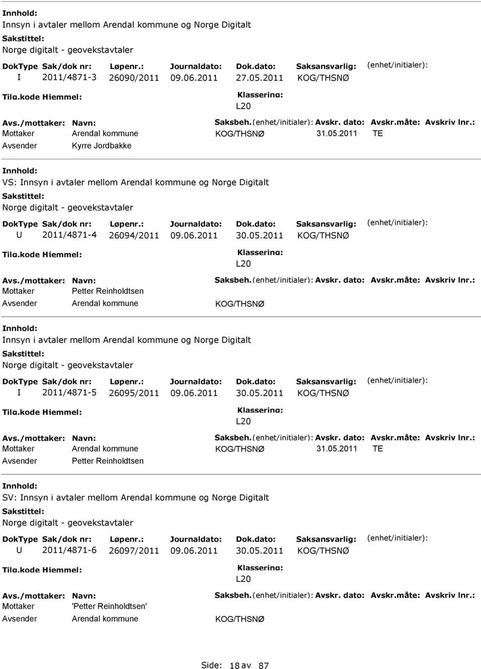 dato: Avskr.måte: Avskriv lnr.: Mottaker Petter Reinholdtsen KOG/THSNØ nnsyn i avtaler mellom og Norge Digitalt Norge digitalt - geovekstavtaler 2011/4871-5 26095/2011 30.05.2011 KOG/THSNØ L20 Avs.