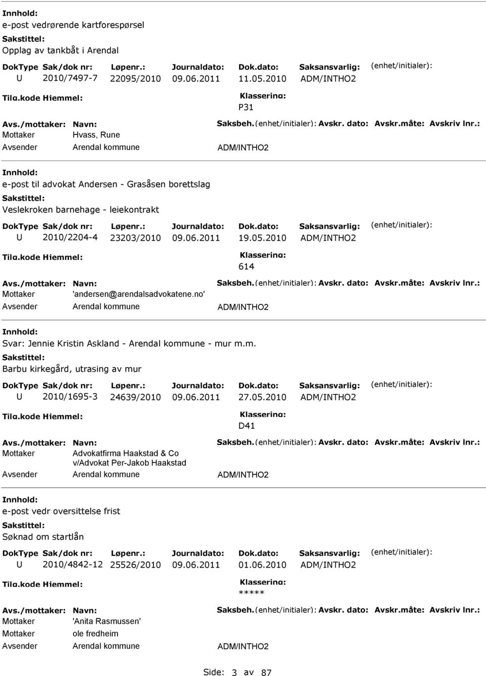 Avskr. dato: Avskr.måte: Avskriv lnr.: Mottaker 'andersen@arendalsadvokatene.no' ADM/NTHO2 Svar: Jennie Kristin Askland - - mur m.m. Barbu kirkegård, utrasing av mur 2010/1695-3 24639/2010 27.05.