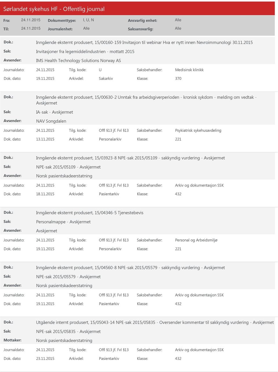 2015 Arkivdel: Sakarkiv 370 Inngående eksternt produsert, 15/00630-2 nntak fra arbeidsgiverperioden - kronisk sykdom - melding om vedtak - IA-sak - NAV Songdalen Psykiatrisk sykehusavdeling Dok.