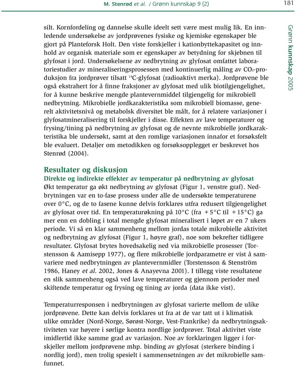 Undersøkelsene av nedbrytning av glyfosat omfattet laboratoriestudier av mineraliseringsprosessen med kontinuerlig måling av CO2-produksjon fra jordprøver tilsatt 14 C-glyfosat (radioaktivt merka).