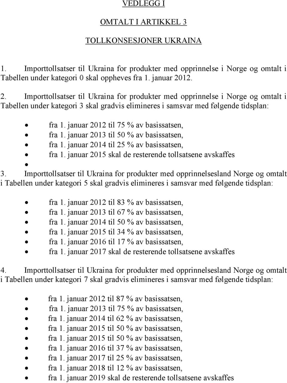 januar 2012 til 75 % av basissatsen, fra 1. januar 2013 til 50 % av basissatsen, fra 1. januar 2014 til 25 % av basissatsen, fra 1. januar 2015 skal de resterende tollsatsene avskaffes 3.