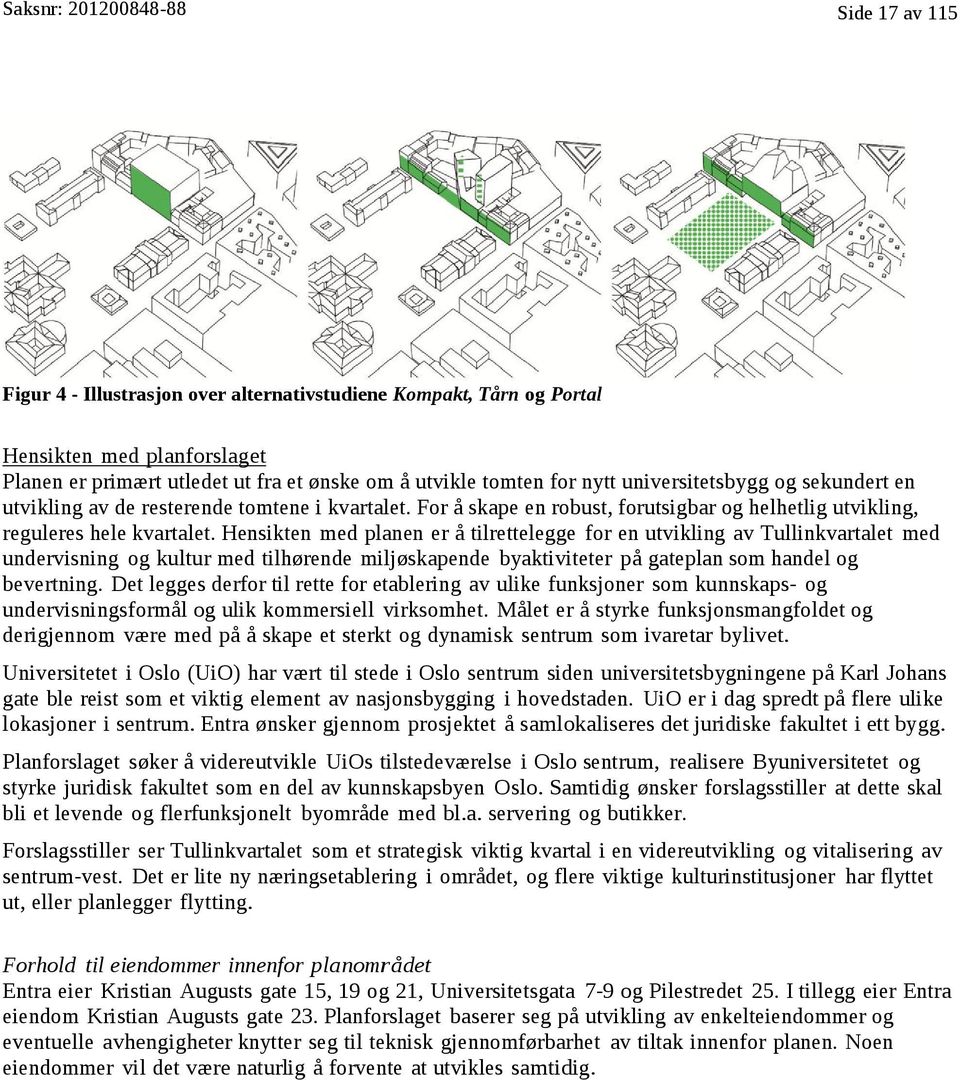 Hensikten med planen er å tilrettelegge for en utvikling av Tullinkvartalet med undervisning og kultur med tilhørende miljøskapende byaktiviteter på gateplan som handel og bevertning.