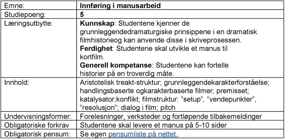 Aristotelisk treakt struktur; grunnleggendekarakterforståelse; handlingsbaserte ogkarakterbaserte filmer; premisset; katalysator;konflikt; filmstruktur: setup,