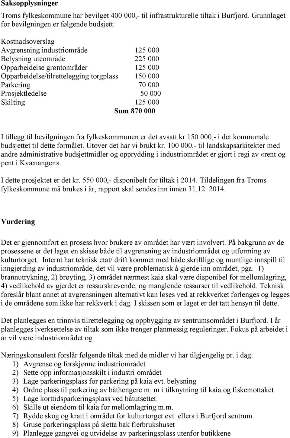 torgplass 150 000 Parkering 70 000 Prosjektledelse 50 000 Skilting 125 000 Sum 870 000 I tillegg til bevilgningen fra fylkeskommunen er det avsatt kr 150 000,- i det kommunale budsjettet til dette