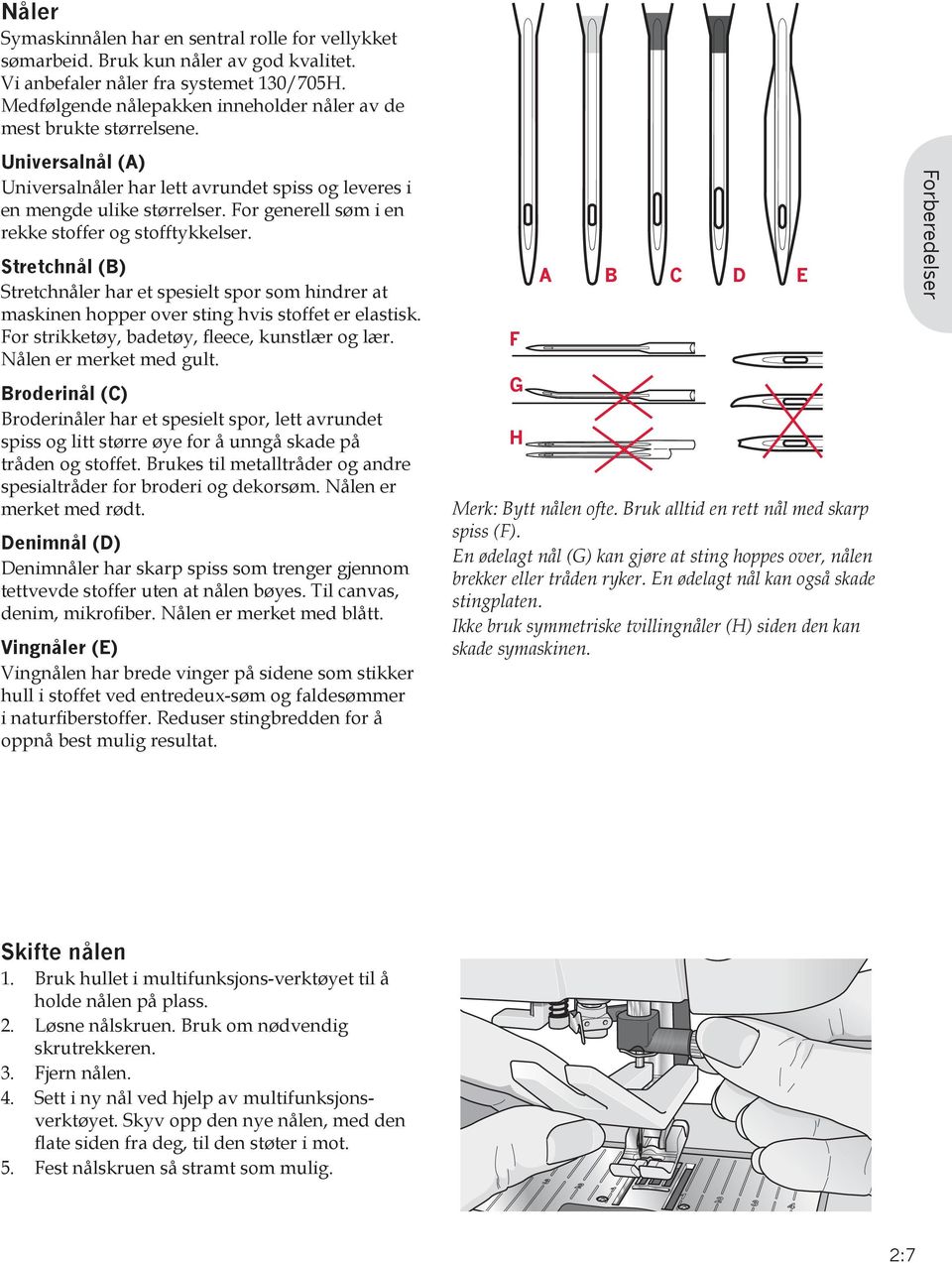 For generell søm i en rekke stoffer og stofftykkelser. Stretchnål (B) Stretchnåler har et spesielt spor som hindrer at maskinen hopper over sting hvis stoffet er elastisk.