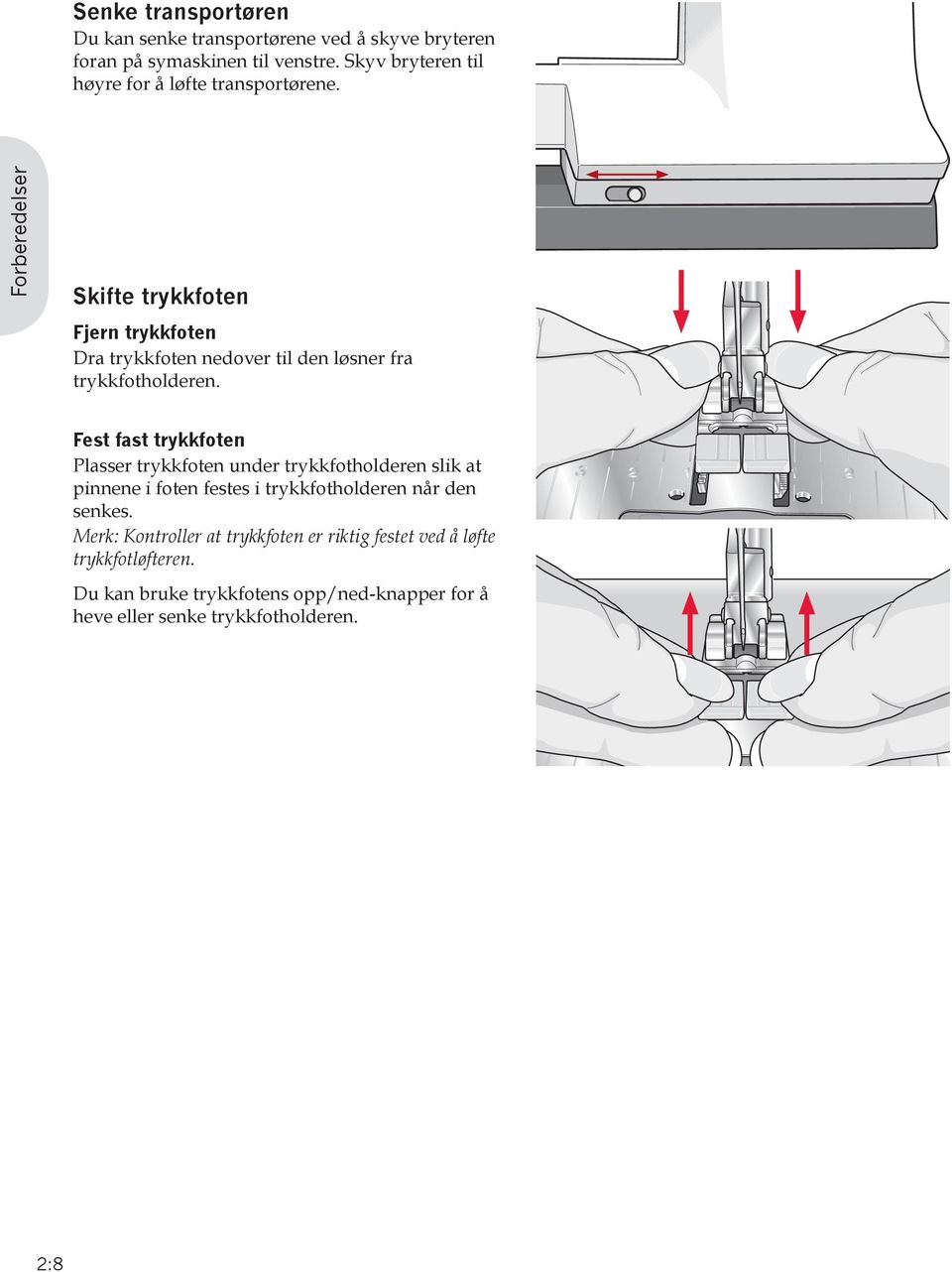 Forberedelser Skifte trykkfoten Fjern trykkfoten Dra trykkfoten nedover til den løsner fra trykkfotholderen.