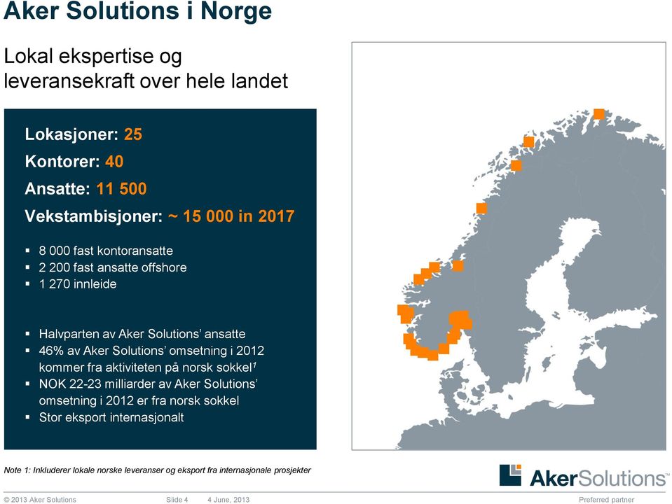 omsetning i 2012 kommer fra aktiviteten på norsk sokkel 1 NOK 22-23 milliarder av Aker Solutions omsetning i 2012 er fra norsk sokkel Stor