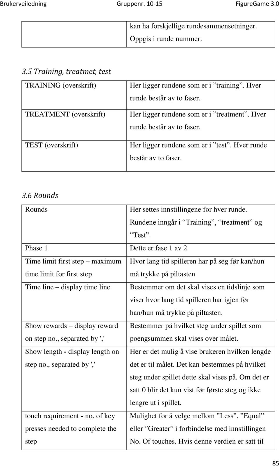 6 Rounds Rounds Her settes innstillingene for hver runde. Rundene inngår i Training, treatment og Test.