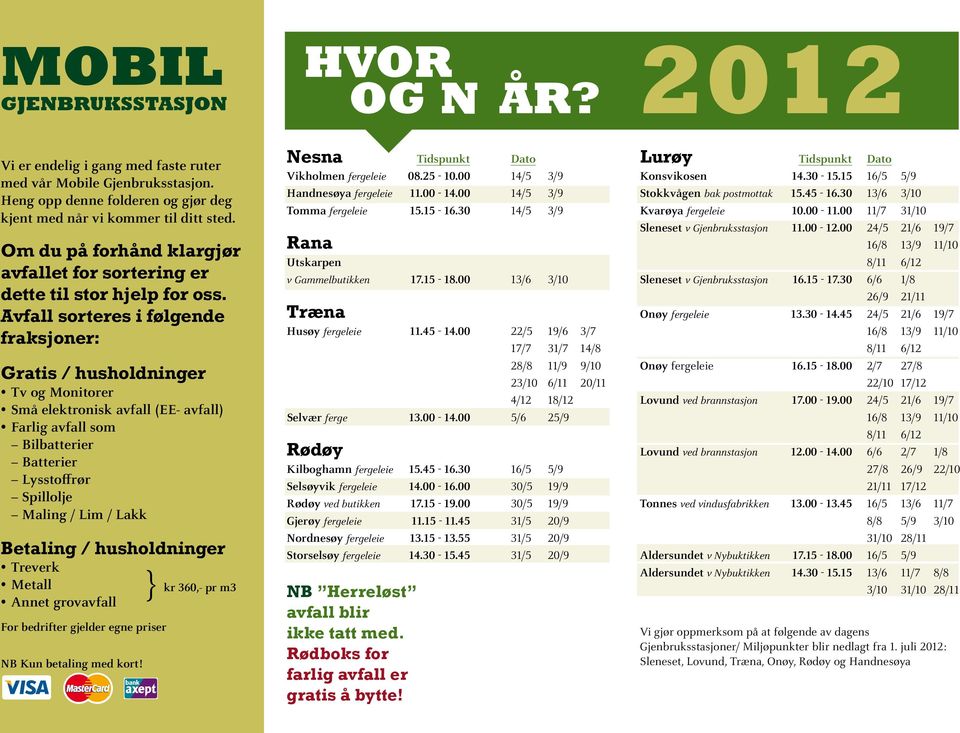 Avfall sorteres VALID i følgende THRU fraksjoner: Gratis / husholdninger Tv og Monitorer Små elektronisk avfall (EE- avfall) Farlig avfall som Bilbatterier Batterier VALID Lysstoffrør THRU Spillolje