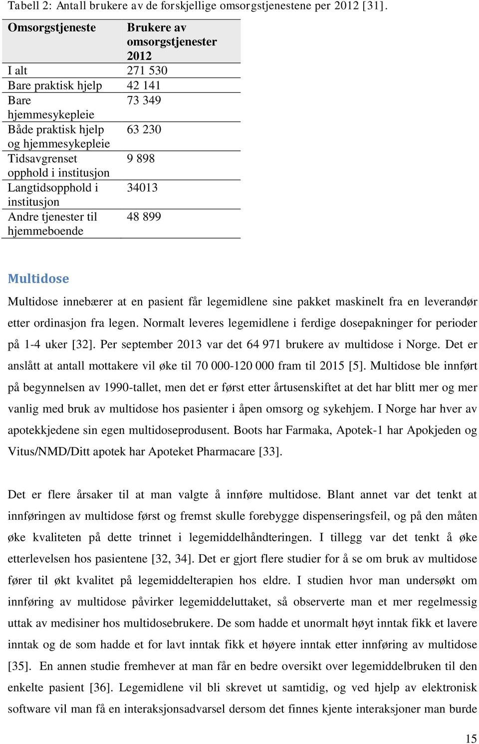 institusjon Langtidsopphold i 34013 institusjon Andre tjenester til 48 899 hjemmeboende Multidose Multidose innebærer at en pasient får legemidlene sine pakket maskinelt fra en leverandør etter