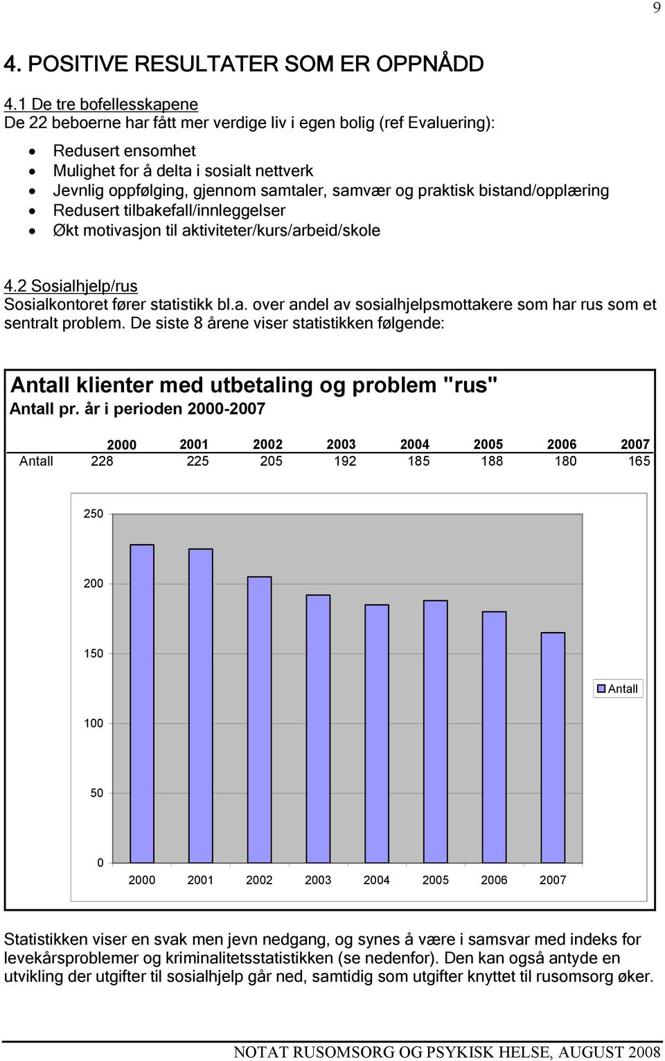 og praktisk bistand/opplæring Redusert tilbakefall/innleggelser Økt motivasjon til aktiviteter/kurs/arbeid/skole 4.2 Sosialhjelp/rus Sosialkontoret fører statistikk bl.a. over andel av sosialhjelpsmottakere som har rus som et sentralt problem.