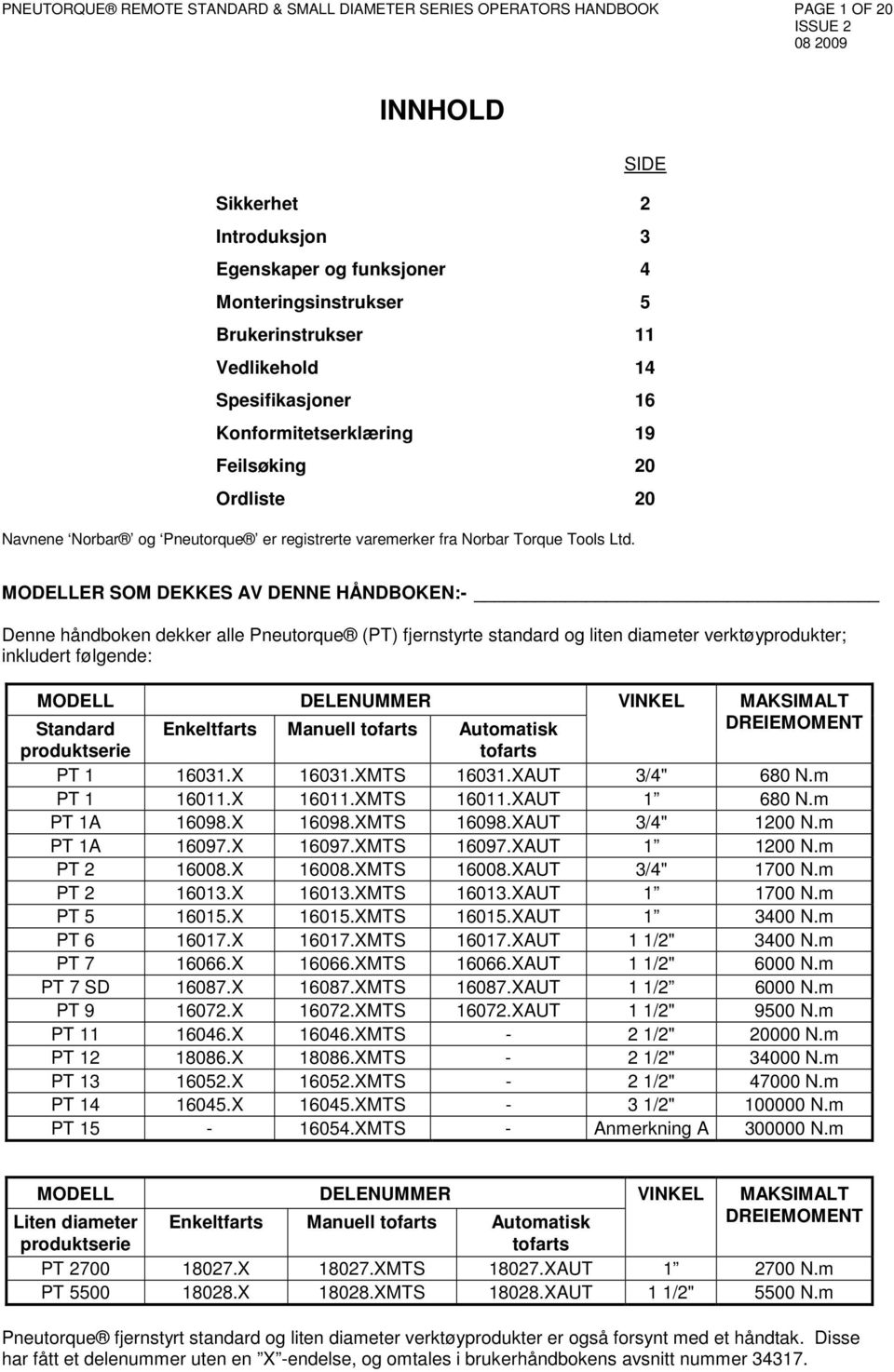 MODELLER SOM DEKKES AV DENNE HÅNDBOKEN:- Denne håndboken dekker alle Pneutorque (PT) fjernstyrte standard og liten diameter verktøyprodukter; inkludert følgende: MODELL DELENUMMER VINKEL MAKSIMALT