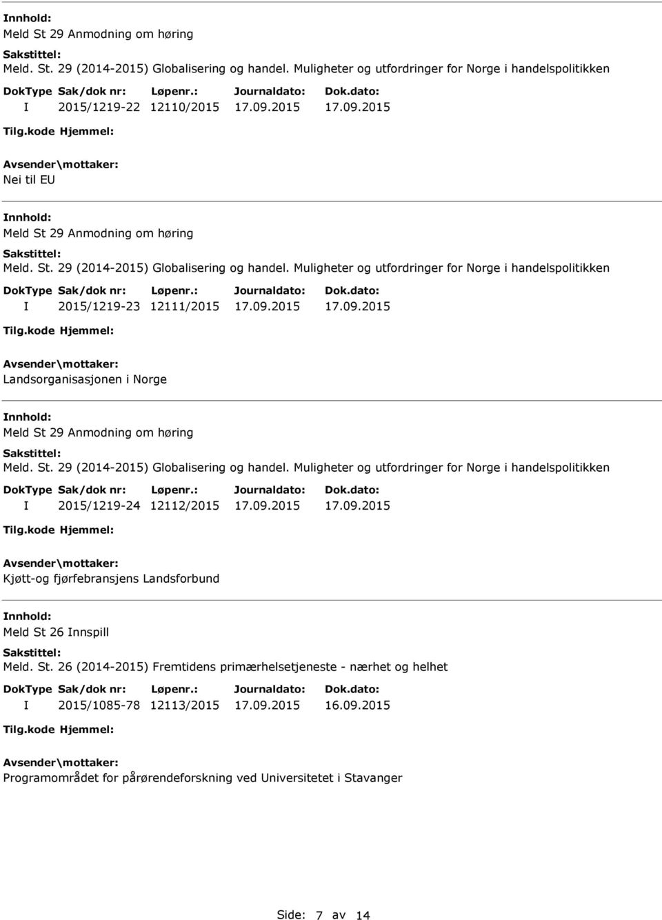 Landsorganisasjonen i Norge  Muligheter og utfordringer for Norge i handelspolitikken 2015/1219-24 12112/2015 Kjøtt-og fjørfebransjens Landsforbund Meld St 