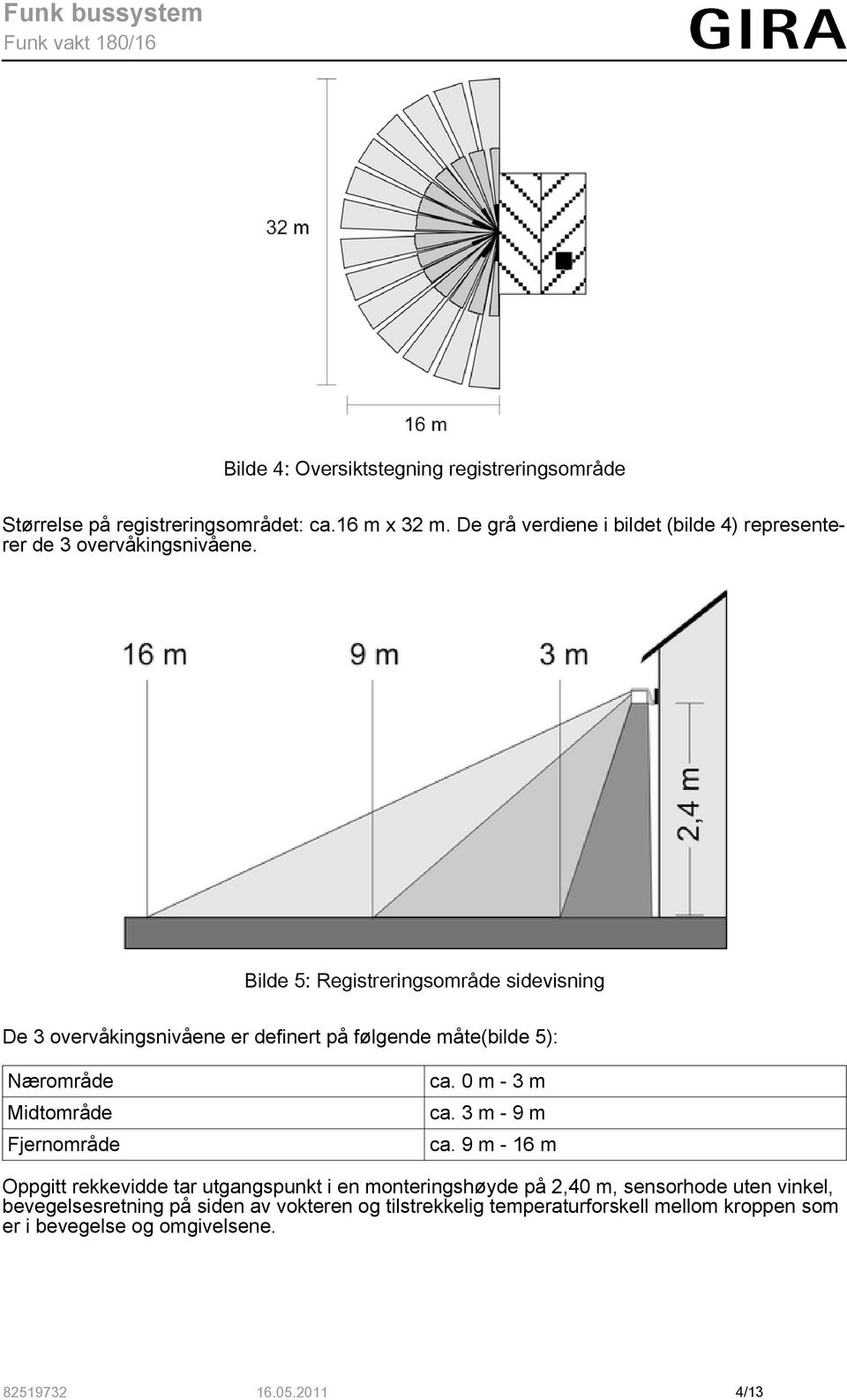 Bilde 5: Registreringsområde sidevisning De 3 overvåkingsnivåene er definert på følgende måte(bilde 5): Nærområde Midtområde Fjernområde ca.