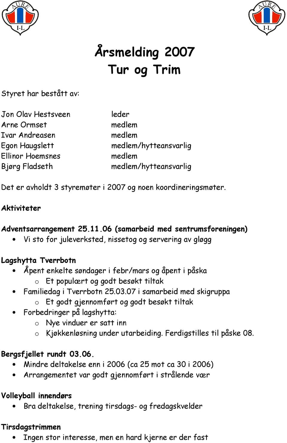 06 (samarbeid med sentrumsforeningen) Vi sto for juleverksted, nissetog og servering av gløgg Lagshytta Tverrbotn Åpent enkelte søndager i febr/mars og åpent i påska o Et populært og godt besøkt