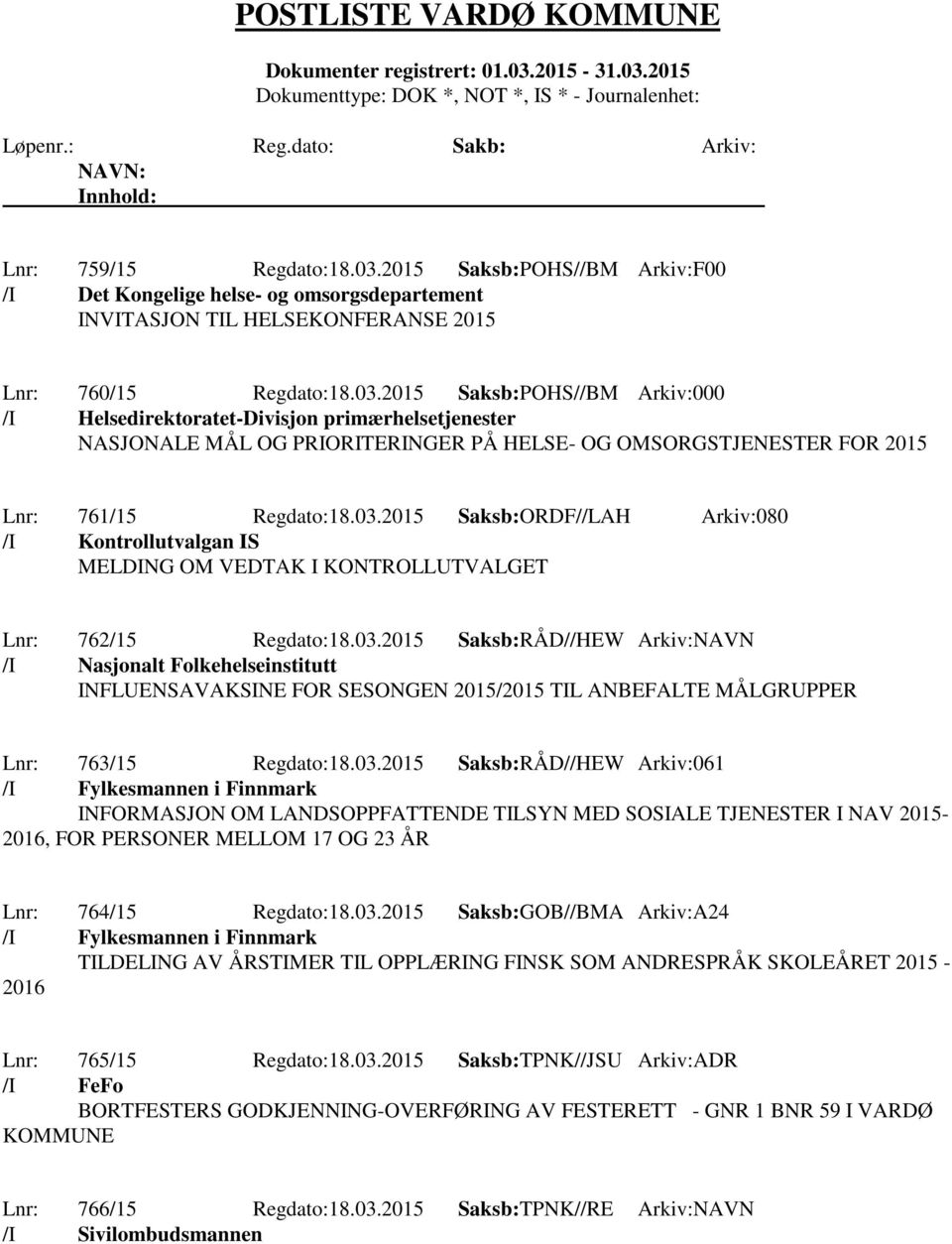 2015 Saksb:POHS//BM Arkiv:000 /I Helsedirektoratet-Divisjon primærhelsetjenester NASJONALE MÅL OG PRIORITERINGER PÅ HELSE- OG OMSORGSTJENESTER FOR 2015 Lnr: 761/15 Regdato:18.03.