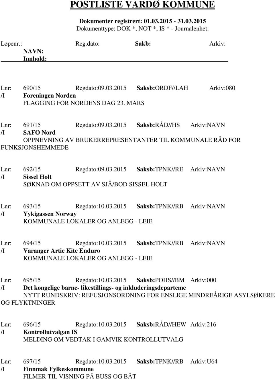 03.2015 Saksb:TPNK//RB Arkiv:NAVN /I Varanger Artic Kite Enduro KOMMUNALE LOKALER OG ANLEGG - LEIE Lnr: 695/15 Regdato:10.03.2015 Saksb:POHS//BM Arkiv:000 /I Det kongelige barne- likestillings- og