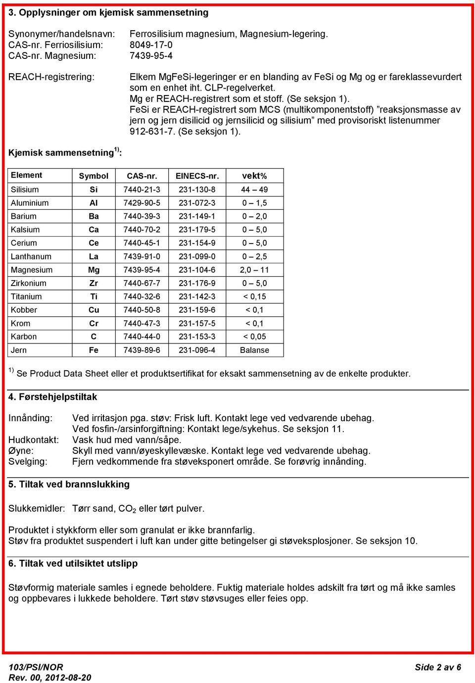 (Se seksjon 1). FeSi er REACH-registrert som MCS (multikomponentstoff) reaksjonsmasse av jern og jern disilicid og jernsilicid og silisium med provisoriskt listenummer 912-631-7. (Se seksjon 1).