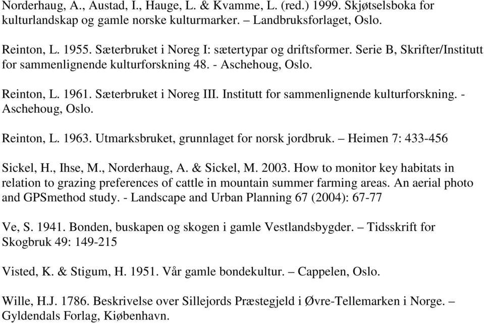 Institutt for sammenlignende kulturforskning. - Aschehoug, Oslo. Reinton, L. 1963. Utmarksbruket, grunnlaget for norsk jordbruk. Heimen 7: 433-456 Sickel, H., Ihse, M., Norderhaug, A. & Sickel, M.