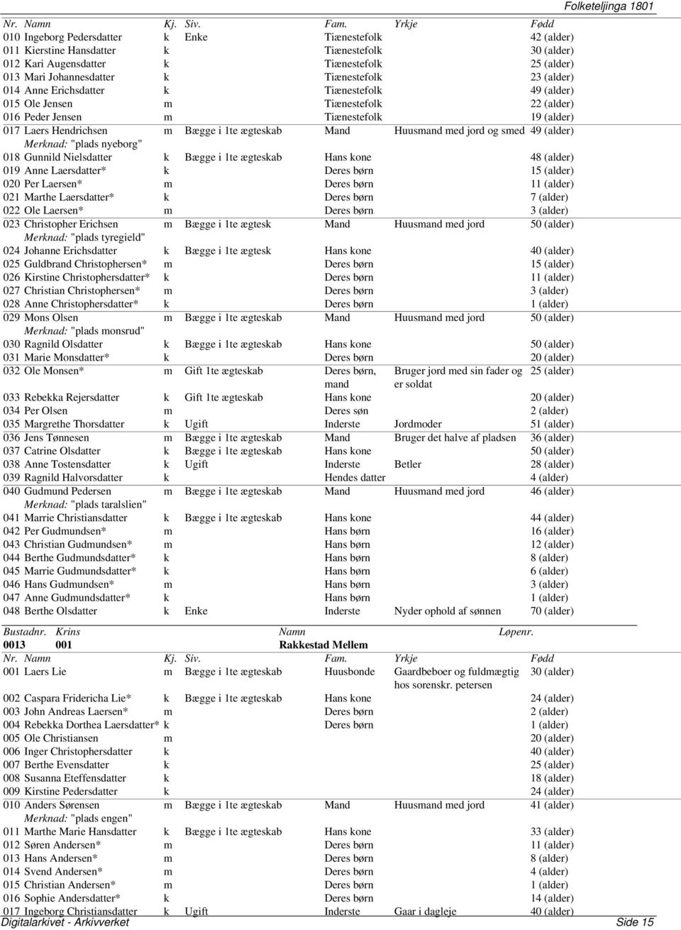 med jord og smed 49 (alder) Merknad: "plads nyeborg" 018 Gunnild Nielsdatter k Bægge i 1te ægteskab Hans kone 48 (alder) 019 Anne Laersdatter* k Deres børn 15 (alder) 020 Per Laersen* m Deres børn 11