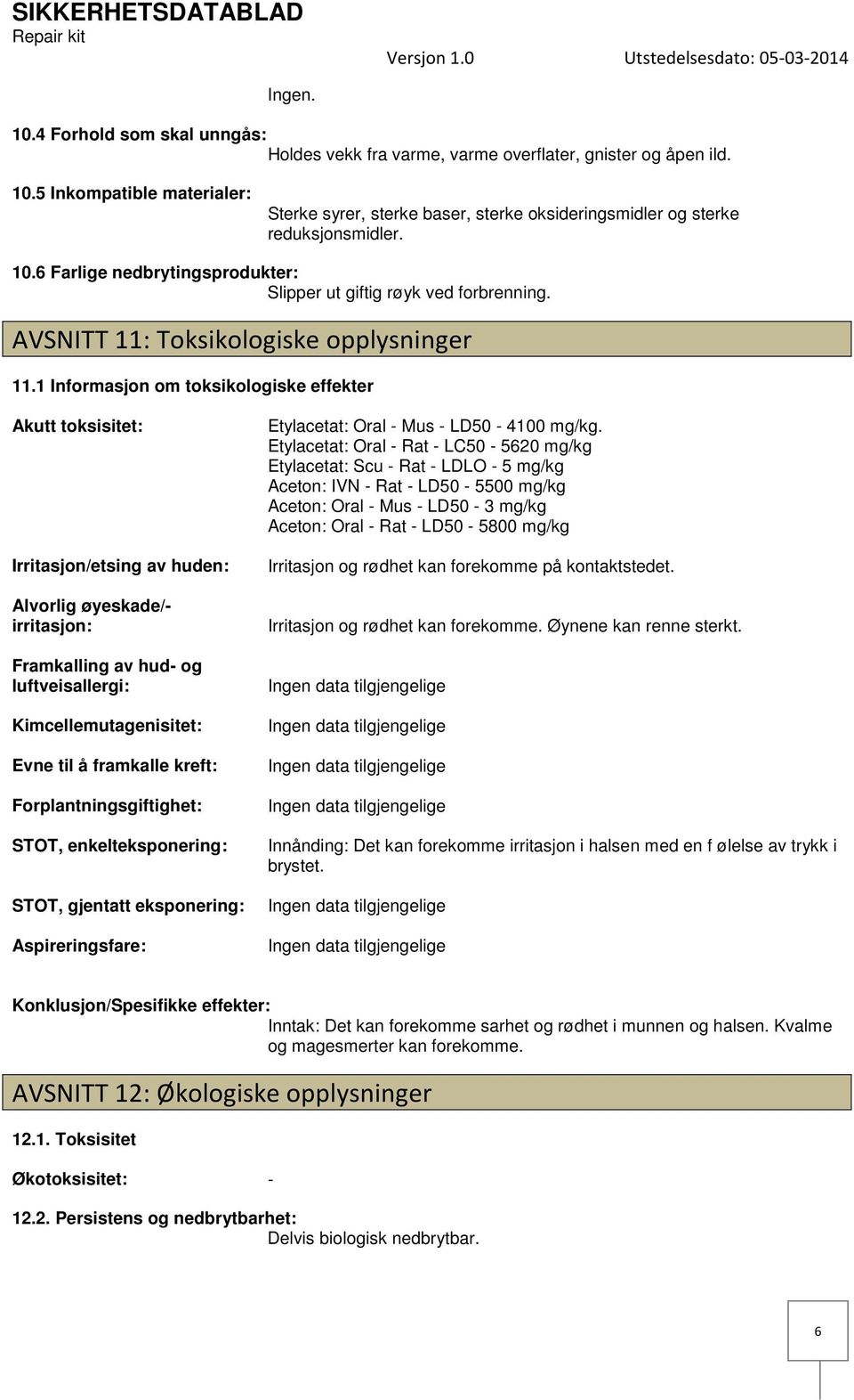 1 Informasjon om toksikologiske effekter Akutt toksisitet: Irritasjon/etsing av huden: Alvorlig øyeskade/ irritasjon: Framkalling av hud og luftveisallergi: Kimcellemutagenisitet: Evne til å