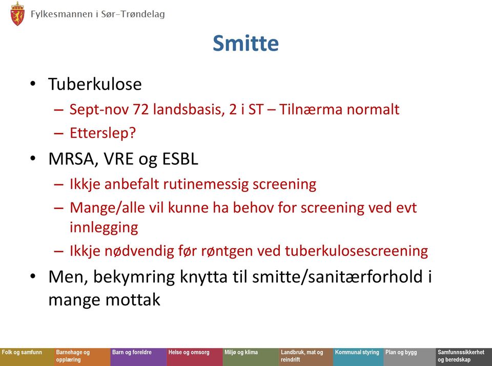 ha behov for screening ved evt innlegging Ikkje nødvendig før røntgen ved