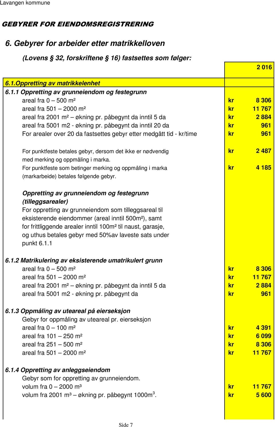 påbegynt da inntil 5 da kr 2 884 areal fra 5001 m2 - økning pr.