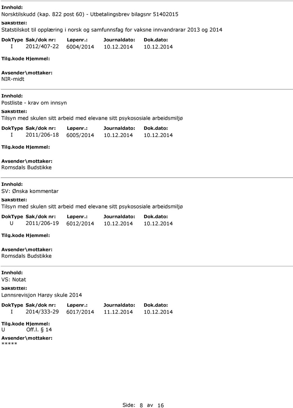 2012/407-22 6004/2014 NR-midt Postliste - krav om innsyn Tilsyn med skulen sitt arbeid med elevane sitt psykososiale arbeidsmiljø