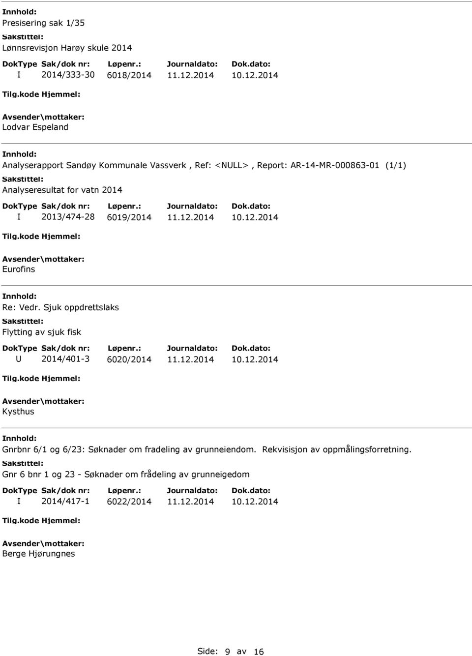 Sjuk oppdrettslaks Flytting av sjuk fisk 2014/401-3 6020/2014 Kysthus Gnrbnr 6/1 og 6/23: Søknader om fradeling av grunneiendom.