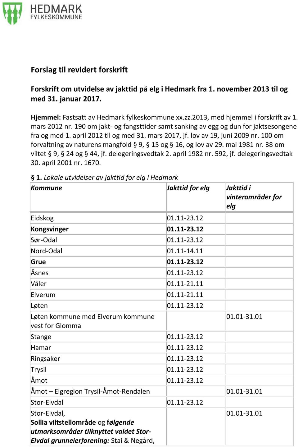 lov av 19, juni 2009 nr. 100 om forvaltning av naturens mangfold 9, 15 og 16, og lov av 29. mai 1981 nr. 38 om viltet 9, 24 og 44, jf. delegeringsvedtak 2. april 1982 nr. 592, jf.