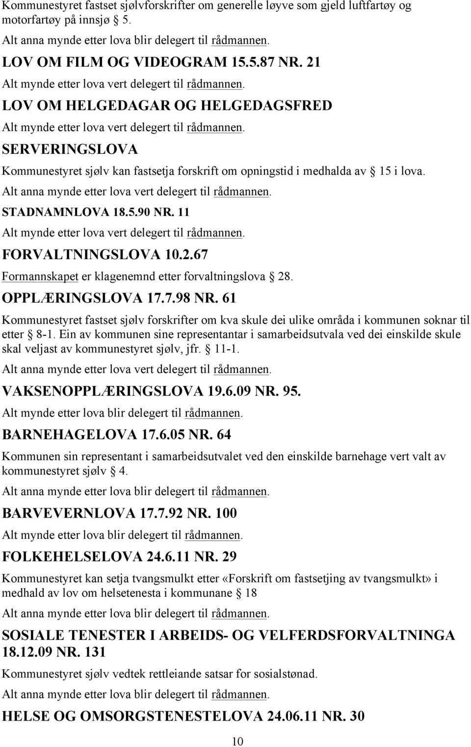 Alt anna mynde etter lova vert delegert til rådmannen. STADNAMNLOVA 18.5.90 NR. 11 Alt mynde etter lova vert delegert til rådmannen. FORVALTNINGSLOVA 10.2.