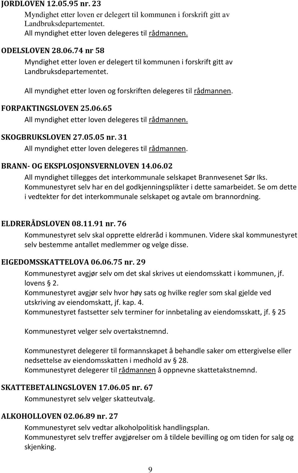 65 All myndighet etter loven delegeres til rådmannen. SKOGBRUKSLOVEN 27.05.05 nr. 31 All myndighet etter loven delegeres til rådmannen. BRANN- OG EKSPLOSJONSVERNLOVEN 14.06.