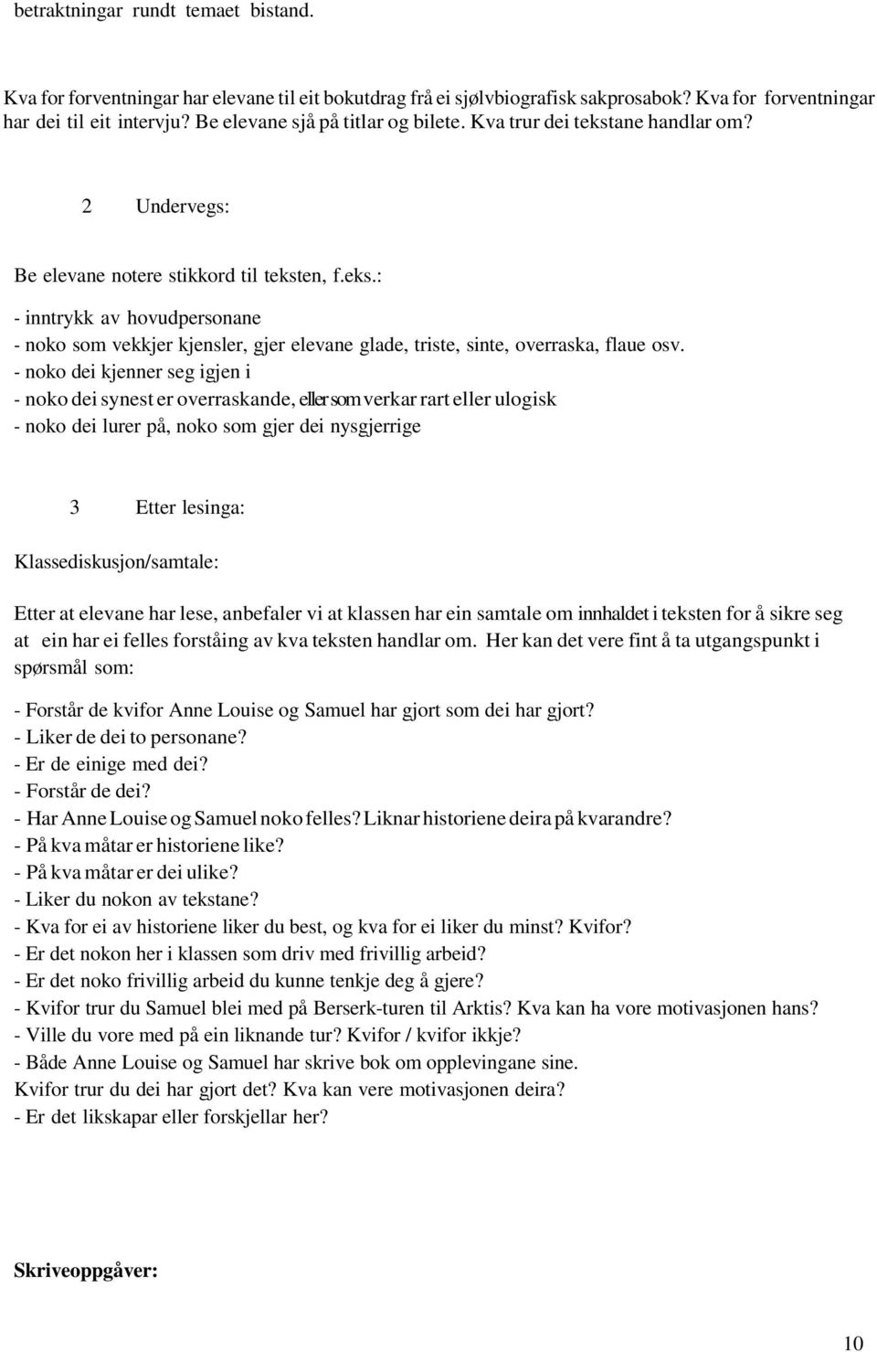 - noko dei kjenner seg igjen i - noko dei synest er overraskande, eller som verkar rart eller ulogisk - noko dei lurer på, noko som gjer dei nysgjerrige 3 Etter lesinga: Klassediskusjon/samtale: