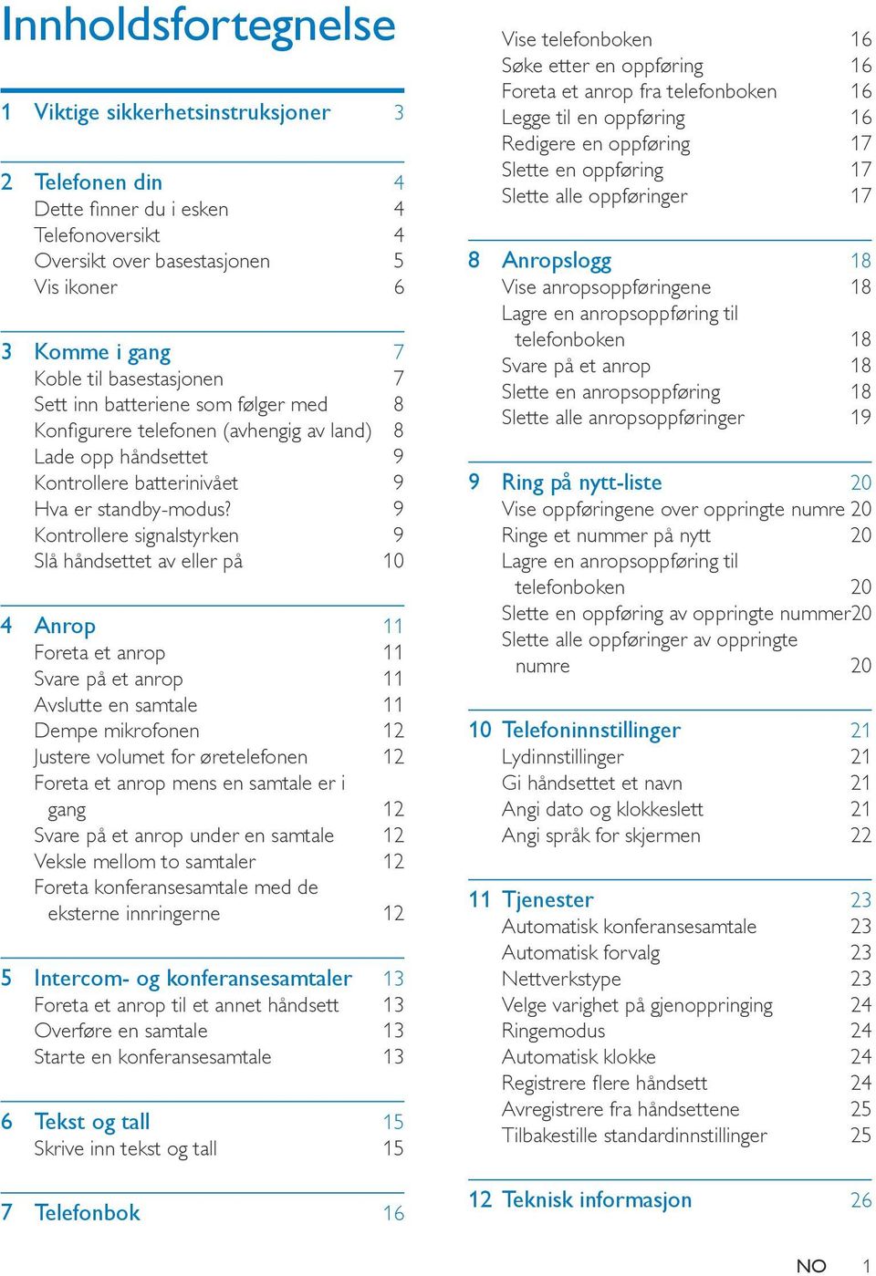 9 Kontrollere signalstyrken 9 Slå håndsettet av eller på 10 4 Anrop 11 Foreta et anrop 11 Svare på et anrop 11 Avslutte en samtale 11 Dempe mikrofonen 12 Justere volumet for øretelefonen 12 Foreta et