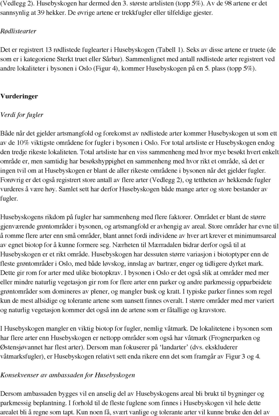 Sammenlignet med antall rødlistede arter registrert ved andre lokaliteter i bysonen i Oslo (Figur 4), kommer Husebyskogen på en 5. plass (topp 5%).