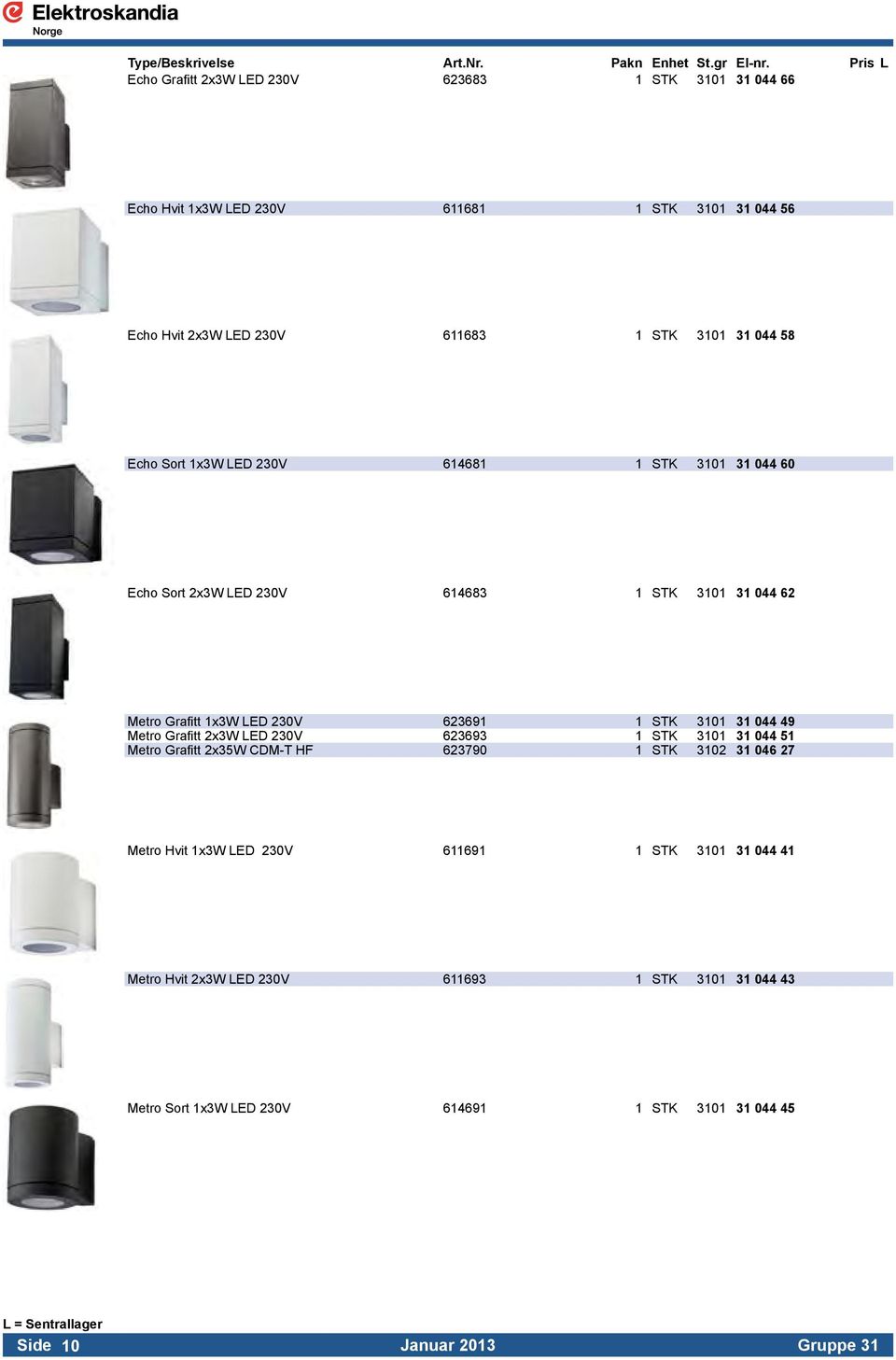 58 Echo Sort 1x3W LED 230V 614681 1 STK 3101 31 044 60 Echo Sort 2x3W LED 230V 614683 1 STK 3101 31 044 62 Metro Grafitt 1x3W LED 230V 623691 1 STK 3101 31 044 49