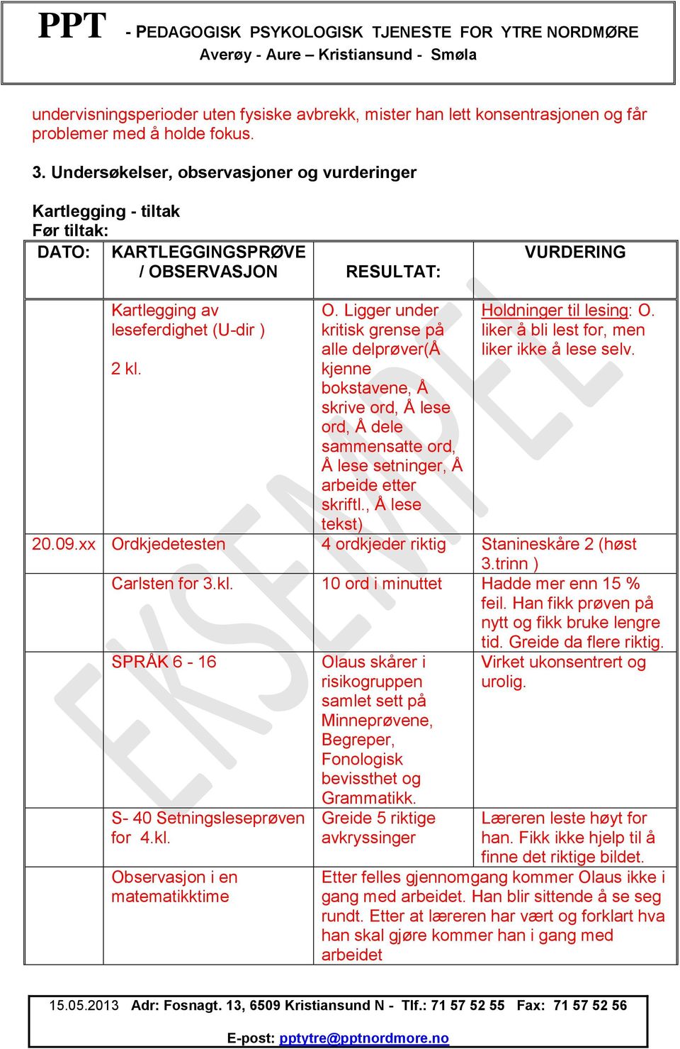 SERVASJON RESULTAT: VURDERING Kartlegging av leseferdighet (U-dir ) 2 kl. O.