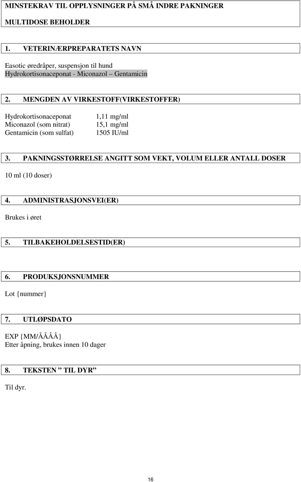 MENGDEN AV VIRKESTOFF(VIRKESTOFFER) Hydrokortisonaceponat Miconazol (som nitrat) Gentamicin (som sulfat) 1,11 mg/ml 15,1 mg/ml 1505 IU/ml 3.